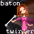 Pixelated static image of a cartoon woman in pink dress holding large black baton with white tip, set against dark background with partial text above and below.