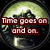 Four circular frames display a green-tinted landscape with dark silhouettes and red text overlays, each frame showing distinct textual content.