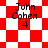 Red and white checkered background with four instances of 'John Cohen 4' text in black, arranged in a pattern