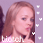 Pixelated image of a person with light brown hair and pink clothing, with text and heart symbols on a purple background.