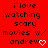 Red background with black pixelated text reading 'i love watching scary movies w/ andrew' followed by a white heart symbol.