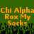 Green background with orange pixelated text reading "Chi Alpha Chi Alpha Rox My Socks" repeated twice, black and green pixelated shapes below.
