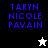 Blue pixelated text 'TARYN NICOLE PAVAIN' appears on black, gray, white backgrounds with a star icon changing from white to black.
