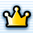 Pixelated golden crown with black outline on light blue striped background, three rounded peaks and central jewel.