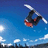 Pixelated image of a figure in mid-air performing an acrobatic flip against a blue sky with white clouds.