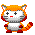 Pixel art cat mascot in four animation frames with orange, red, and gray color scheme on transparent background.