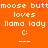 Pixelated orange background with white text reading "moose butt" and "llama lady" in two , each followed by "loves" and a smiley face emoticon