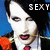 six identical images shows a person with dark hair, white face paint, red lips, and an orange rose against a blue background. The word "SEXY" appears in black text on each image