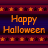 Pixelated orange text 'Happy Halloween' on dark blue background with repeating star and pumpkin border, static display.