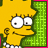 Yellow-skinned cartoon character with large white eyes and a small smile, wearing a green patterned background with pink border.