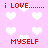 Pixelated pink background with white heart shapes and red text reading 'i LOVE....... MYSELF' in four repeated sections.