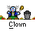 Pixel art clown character with blue jacket, green pants, and checkered wings holding a golden spoon next to a gray trash can on a gray background.