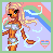 Pixel art icon of a stylized female character with orange skin, long blonde hair, and gray accessories against a pastel background with rainbow elements.