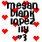 Pixelated text 'megan blank lopez' with red hearts and small symbols on white background, animated heart positions changing across frames.