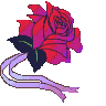A red rose with purple highlights and dark green leaves tied with a light purple ribbon, with two gold rings added in the second frame.
