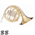 A static image of a brass French horn with visible text elements below it on a black background.