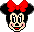 Pixelated Minnie Mouse head with red bow, black ears, pink cheeks, and red lips; two side-by-side views show different eye expressions with a small pink heart between them.