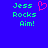 Blue background with green pixelated text 'Jess Rocks Aim!' and a pink heart symbol above the text on the left side.