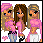 A 3x2 contact sheet of pixel art frames showing three cartoon girls in pink tops and a sequence of text phrases about
