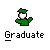 Pixelated green figure in cap and sweater with raised arm, below text reading 'Graduate' on gray background.