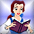 Pixelated cartoon-style icon of a woman with red hair wearing blue and white clothing, holding an open book against a light purple background.
