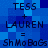 Blue pixelated background with repeated text 'TESS + LAUREN = ShMoBaGs' in dark blue pixelated font, arranged in two identical vertical