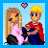 Pixelated cartoon couple with blonde woman in pink top and man in red shirt, heart symbol above them on light blue background.