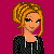 Pixelated character with blonde hair in a bun, wearing black zip-up hoodie and blue patterned pants against magenta background.