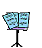Six of a music stand with sheet music sheets flying off against gray background