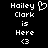 Pixelated text and symbols on black background with two identical side-by-side layouts showing 'Hailey Clark is Here <3' plus a heart symbol.