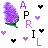 Pixelated purple flower with green stem, black and purple letters spelling 'APRIL', and scattered black and purple heart shapes on white background.