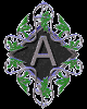 A diamond-shaped icon with a central 'A' surrounded by green leafy patterns and silver filigree on a black background.