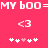 Red background with white pixelated text 'MY BOO=MY BOO=' at top, two '<3' symbols in middle, and five white plus signs with one pink heart below each symbol.