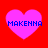 Four identical pink heart shapes on a red background, each containing blue pixelated text reading "MAKENNA".