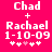 Pixelated text on bright pink background shows 'Chad + Rachael 1-10-09' with five asterisks below, where the third asterisk is light pink and the rest are white.