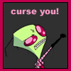 Animated green alien with red eyes and pink mouth holds a black baton, text above reads 'curse you!' in changing colors.