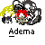 A contact sheet of 8 animated frames showing a pixel art icon with red flame-like shapes and yellow/black elements, each labeled "Adema" below the image.