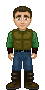 Pixel art character with brown hair, green long-sleeve shirt, olive vest, blue pants, and brown boots standing against gray background.