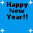 Blue background with white star shapes and black text reading "Happy New Year!!" in four identical quadrants.