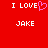 Red background with white pixelated text 'I LOVE' above 'JAKE', where the 'O' in 'LOVE' is replaced by a pink heart symbol on the left side.