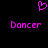 A static pixel art image with a black background, featuring two identical pink 'Dancer' text labels and one pink heart symbol above them.