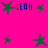 Bright pink background with scattered green star shapes and blue text reading LEAH in pixelated font.