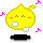 Two yellow pixelated characters with closed eyes, orange cheeks, and white mouths stand side-by-side against a gray background with pink and blue musical notes.