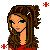 A pixel art contact sheet showing a female character in red attire with multiple poses and text elements on a red background with white snowflakes.