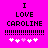 Bright pink background with black pixelated text reading "I LOVE CAROLINE" and two of exclamation marks, followed by five white hearts including one light pink heart