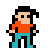 Pixel art character in orange shirt and teal pants with black hair, shown across six sequential poses on gray background.