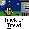 Animated contact sheet of a trick-or-treat buddy icon showing sequential frames with character transformations and text bubbles against a house background.