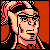 Pixelated cartoon character with pink hair and glasses against a red background, wearing a sleeveless top with orange accents.