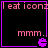 Pixelated icon with black background, pink text, and purple border showing 'I eat icons' at top, 'mmm.' in middle, and a purple 'e' symbol at bottom right.