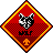 Pixel art diamond-shaped icon with red gradient background, yellow-orange border, black-and-white checkered cat face, and orange symbol below text.